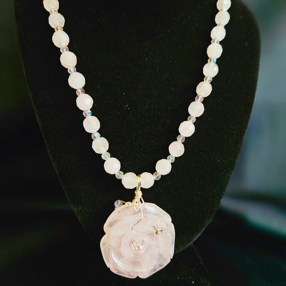 Handcrafted Artisan Rose Quartz Czech Crystal AB with Rose Quartz Pendant